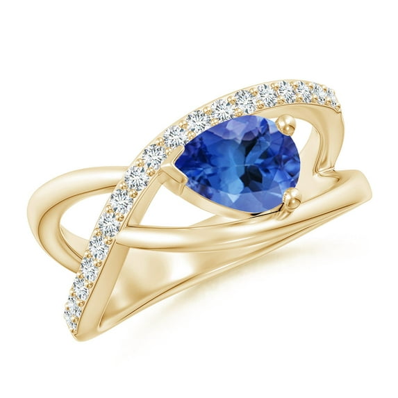ANGARA Natural Criss Cross Pear Shaped 1.1 ct Tanzanite Ring with Diamonds in 14K Yellow Gold for Women (Size-8x6mm) | December Birthstone, Anniversary Jewelry Gift for Women | Natural Tanzanite Ring