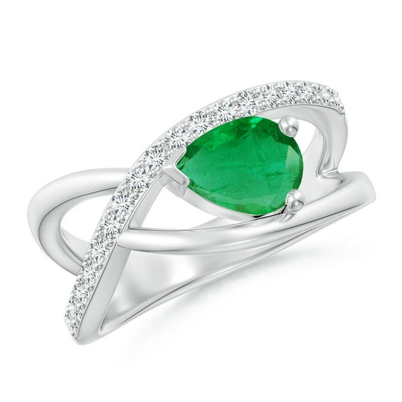 ANGARA Natural Criss Cross Pear Shaped Emerald Ring with Diamond Accents in 14K White Gold for Women (Size-8x6mm) | May Birthstone, Anniversary, Jewelry Gift for Women | Natural Emerald Ring