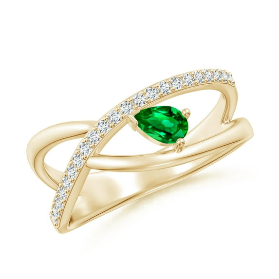 ANGARA Natural Criss Cross Pear Shaped Emerald Ring with Diamond Accents in 14K Yellow Gold for Women (Size-5x3mm) | May Birthstone, Anniversary, Jewelry Gift for Women | Natural Emerald Ring