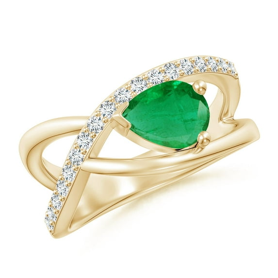 ANGARA Natural Criss Cross Pear Shaped Emerald Ring with Diamond Accents in 14K Yellow Gold for Women (Size-8x6mm) | May Birthstone, Anniversary, Jewelry Gift for Women | Natural Emerald Ring