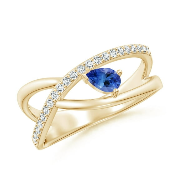 ANGARA Natural Criss Cross Pear Shaped Tanzanite Ring with Diamonds in 14K Yellow Gold for Women (Size-5x3mm) | December Birthstone, Anniversary, Jewelry Gift for Women | Natural Tanzanite Ring