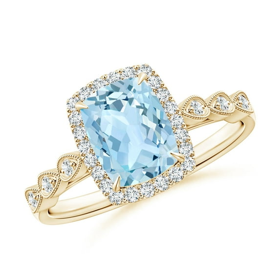 ANGARA Natural Cushion 1.2 ct Aquamarine Halo Ring with Marquise Motifs in 14K Yellow Gold for Women (Size-8x6mm) | March Birthstone, Anniversary, Jewelry Gift for Women | Natural Aquamarine Ring