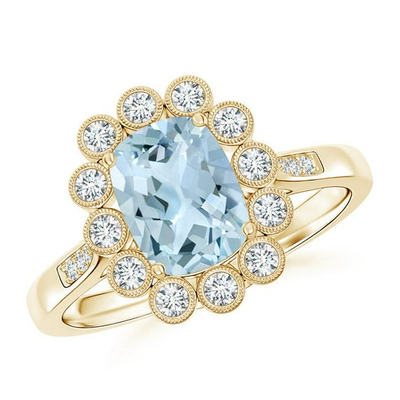 ANGARA Natural Cushion 1.2 ct Aquamarine Ring with Diamond Floral Halo in 14K Yellow Gold for Women (Size-8x6mm) | March Birthstone, Anniversary, Jewelry Gift for Women | Natural Aquamarine Ring