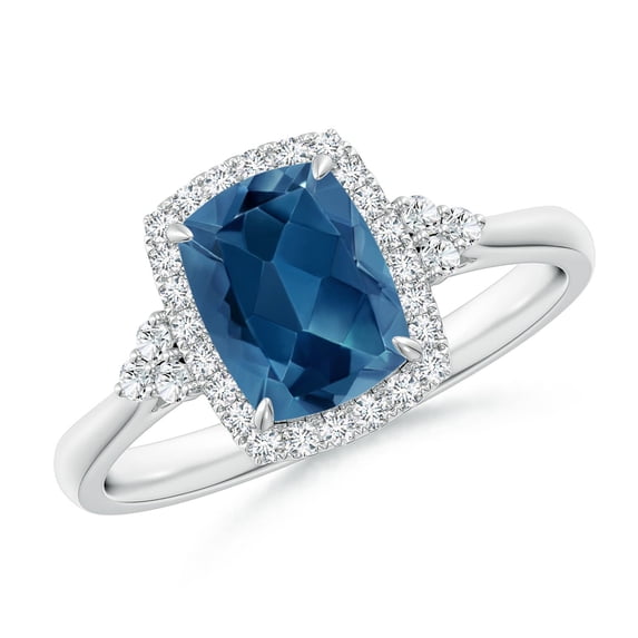 ANGARA Natural Cushion 1.6 ct London Blue Topaz Halo Ring with Trio Diamonds in 14K White Gold for Women (Size-8x6mm) | November Birthstone Jewelry for Women | London Blue Topaz Ring (Ring Size - 7.5)