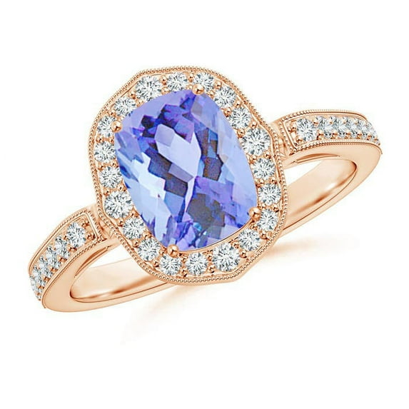 ANGARA Natural Cushion 1.6 ct Tanzanite Halo Ring in 14K Rose Gold for Women (Size-8x6mm) | December Birthstone, Birthday, Anniversary, Jewelry Gift for Women | Natural Tanzanite Ring