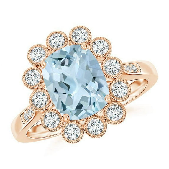 ANGARA Natural Cushion 1.85 ct Aquamarine Ring with Diamond Floral Halo in 14K Rose Gold for Women (Size-9x7mm) | March Birthstone, Anniversary, Jewelry Gift for Women | Natural Aquamarine Ring