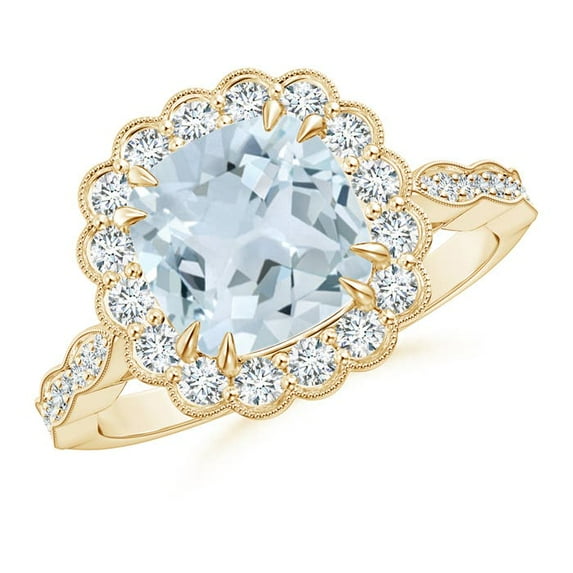 ANGARA Natural Cushion 1.95 ct Aquamarine Ring with Floral Halo in 14K Yellow Gold for Women (Size-8mm) | March Birthstone, Birthday, Anniversary, Jewelry Gift for Women | Natural Aquamarine Ring