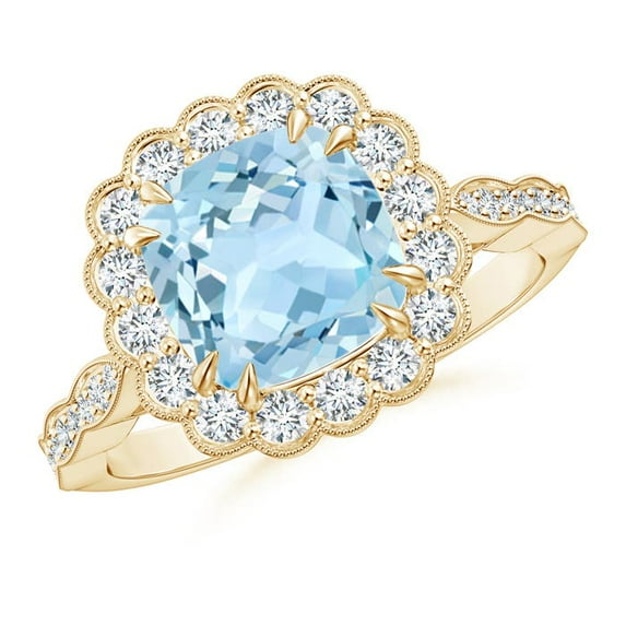 ANGARA Natural Cushion 1.95 ct Aquamarine Ring with Floral Halo in 14K Yellow Gold for Women (Size-8mm) | March Birthstone, Birthday, Anniversary, Jewelry Gift for Women | Natural Aquamarine Ring