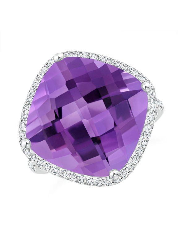 Natural Cushion 11 ct Amethyst Halo Ring with Clover Motif in 14K White Gold for Women (Size-14mm) | February Birthstone, Birthday, Anniversary, Jewelry Gift for Women | Natural Amethyst Ring