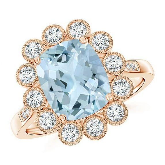 ANGARA Natural Cushion 2.45 ct Aquamarine Ring with Diamond Floral Halo in 14K Rose Gold for Women (Size-10x8mm) | March Birthstone, Anniversary, Jewelry Gift for Women | Natural Aquamarine Ring