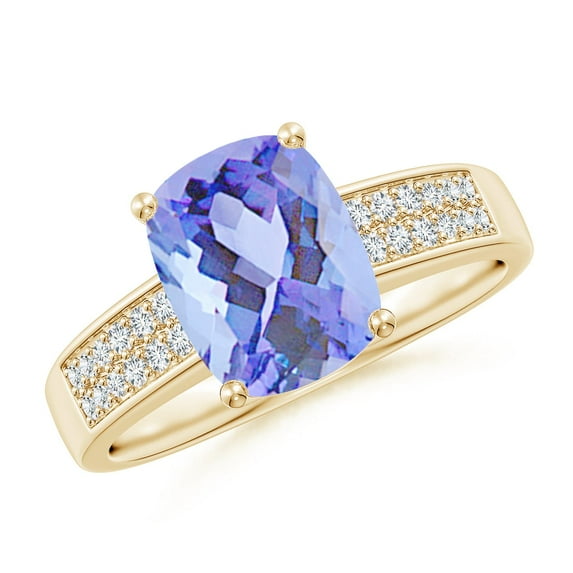ANGARA Natural Cushion 2.45 ct Tanzanite Cocktail Ring with Diamonds in 14K Yellow Gold for Women (Size-9x7mm) | December Birthstone, Anniversary, Jewelry Gift for Women | Natural Tanzanite Ring