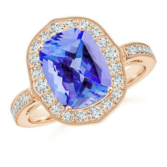 ANGARA Natural Cushion 2.6 ct Tanzanite Halo Ring in 14K Rose Gold for Women (Size-10x8mm) | December Birthstone, Birthday, Anniversary, Jewelry Gift for Women | Natural Tanzanite Ring