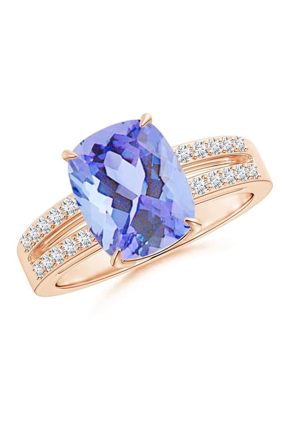 Natural Cushion 2.6 ct Tanzanite Split Shank Ring with Diamonds in 14K Rose Gold for Women (Size-10x8mm) | December Birthstone, Anniversary, Jewelry Gift for Women | Natural Tanzanite Ring