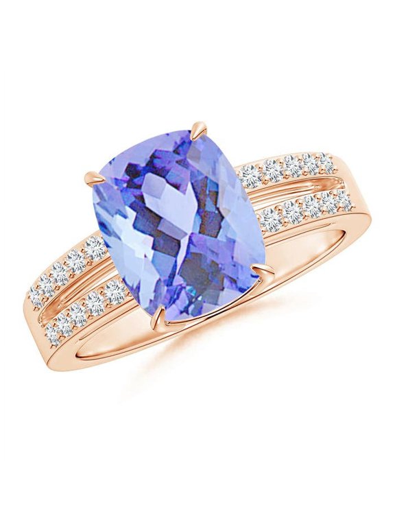 Natural Cushion 2.6 ct Tanzanite Split Shank Ring with Diamonds in 14K Rose Gold for Women (Size-10x8mm) | December Birthstone, Anniversary, Jewelry Gift for Women | Natural Tanzanite Ring