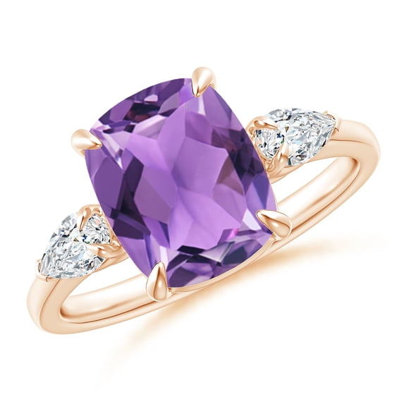 ANGARA Natural Cushion 2.7 ct Amethyst Three Stone Ring with Diamonds in 14K Rose Gold for Women (Size-10x8mm) | February Birthstone, Anniversary, Jewelry Gift for Women | Natural Amethyst Ring