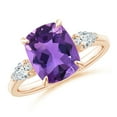 thumbnail image 1 of ANGARA Natural Cushion 2.7 ct Amethyst Three Stone Ring with Diamonds in 14K Rose Gold for Women (Size-10x8mm) | February Birthstone, Anniversary, Jewelry Gift for Women | Natural Amethyst Ring, 1 of 7