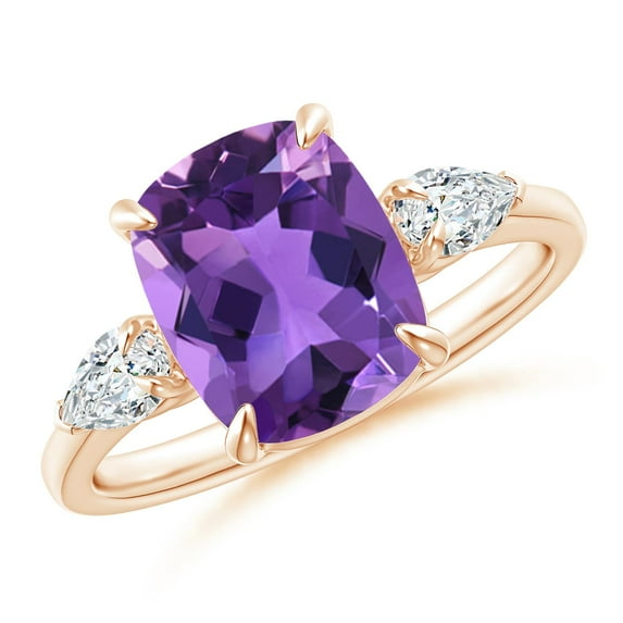 ANGARA Natural Cushion 2.7 ct Amethyst Three Stone Ring with Diamonds in 14K Rose Gold for Women (Size-10x8mm) | February Birthstone, Anniversary, Jewelry Gift for Women | Natural Amethyst Ring