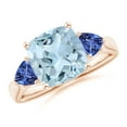 thumbnail image 1 of ANGARA Natural Cushion 2.7 ct Aquamarine & Trillion Tanzanite Three Stone Ring in 14K Rose Gold for Women (Size-9mm) | March Birthstone, Anniversary, Jewelry Gift for Women | Natural Aquamarine Ring, 1 of 10