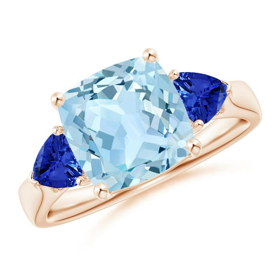 ANGARA Natural Cushion 2.7 ct Aquamarine & Trillion Tanzanite Three Stone Ring in 14K Rose Gold for Women (Size-9mm) | March Birthstone, Anniversary, Jewelry Gift for Women | Natural Aquamarine Ring