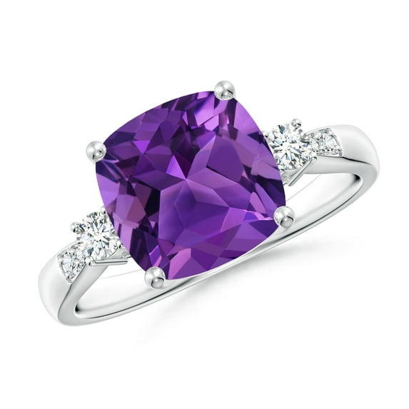 ANGARA Natural Cushion 3.1 ct Amethyst Solitaire Ring with Diamond Accents in 14K White Gold for Women (Size-9mm) | February Birthstone, Anniversary, Jewelry Gift for Women | Natural Amethyst Ring