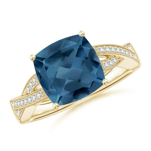 ANGARA Natural Cushion 3.3 ct London Blue Topaz Criss Cross Ring with Diamonds in 14K Yellow Gold for Women (Size-9mm) | November Birthstone Jewelry for Women | London Blue Topaz Ring (Ring Size- 9.5)