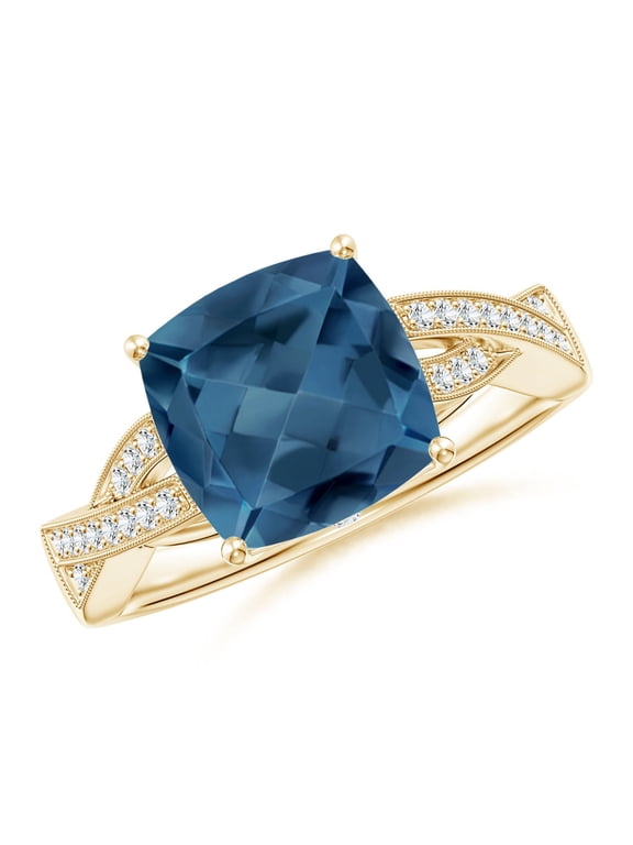 Natural Cushion 3.3 ct London Blue Topaz Criss Cross Ring with Diamonds in 14K Yellow Gold for Women (Size-9mm) | November Birthstone Jewelry for Women | London Blue Topaz Ring (Ring Size - 9)