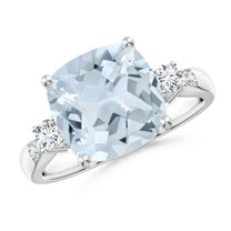 ANGARA Natural Cushion 3.5 ct Aquamarine Solitaire Ring with Diamond Accents in 14K White Gold for Women (Size-10mm) | March Birthstone, Anniversary, Jewelry Gift for Women | Natural Aquamarine Ring
