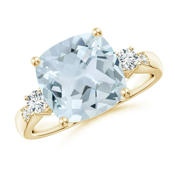 ANGARA Natural Cushion 3.5 ct Aquamarine Solitaire Ring with Diamond Accents in 14K Yellow Gold for Women (Size-10mm) | March Birthstone, Anniversary, Jewelry Gift for Women | Natural Aquamarine Ring