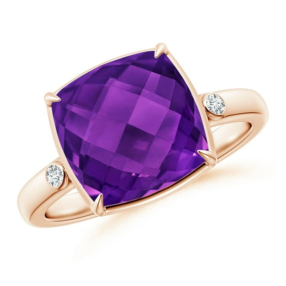 ANGARA Natural Cushion 4 ct Amethyst Cocktail Ring with Bezel Diamonds in 14K Rose Gold for Women (Size-10mm) | February Birthstone, Anniversary, Jewelry Gift for Women | Natural Amethyst Ring