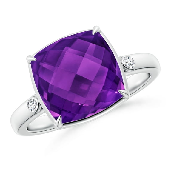 ANGARA Natural Cushion 4 ct Amethyst Cocktail Ring with Bezel Diamonds in 14K White Gold for Women (Size-10mm) | February Birthstone, Anniversary, Jewelry Gift for Women | Natural Amethyst Ring