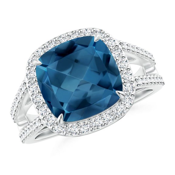ANGARA Natural Cushion 5.15 ct London Blue Topaz Split Shank Ring with Diamond in 14K White Gold for Women (Size-10mm) | November Birthstone Jewelry for Women | London Blue Topaz Ring (Ring Size- 10)