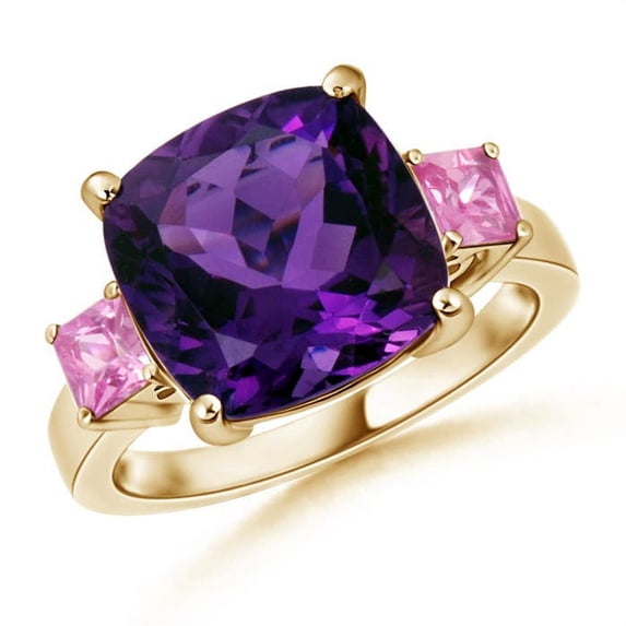 ANGARA Natural Cushion 6.15 ct Amethyst Cocktail Ring with Pink Sapphires in 14K Yellow Gold for Women (Size-12mm) | February Birthstone, Anniversary, Jewelry Gift for Women | Natural Amethyst Ring