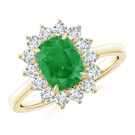 ANGARA Natural Cushion Cut 1.25 ct Emerald and Diamond Floral Ring with Claw Set in 14K Yellow Gold for Women (Size-8x6mm) | May Birthstone, Anniversary, Jewelry Gift for Women | Natural Emerald Ring