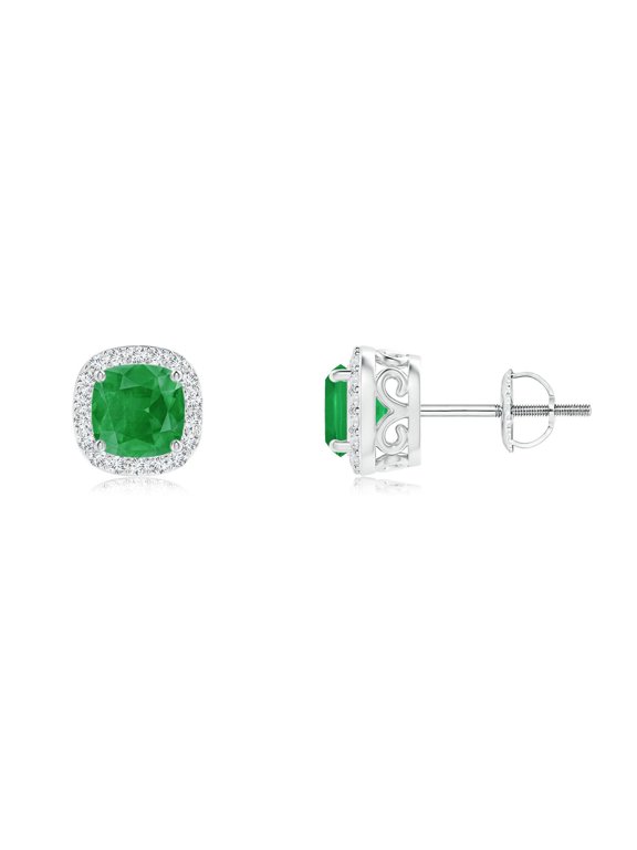 Natural Cushion Emerald Studs with Diamond Halo in 14K White Gold for Women (Size-4mm) | May Birthstone, Birthday, Anniversary, Jewelry Gift for Women | Natural Emerald Earrings