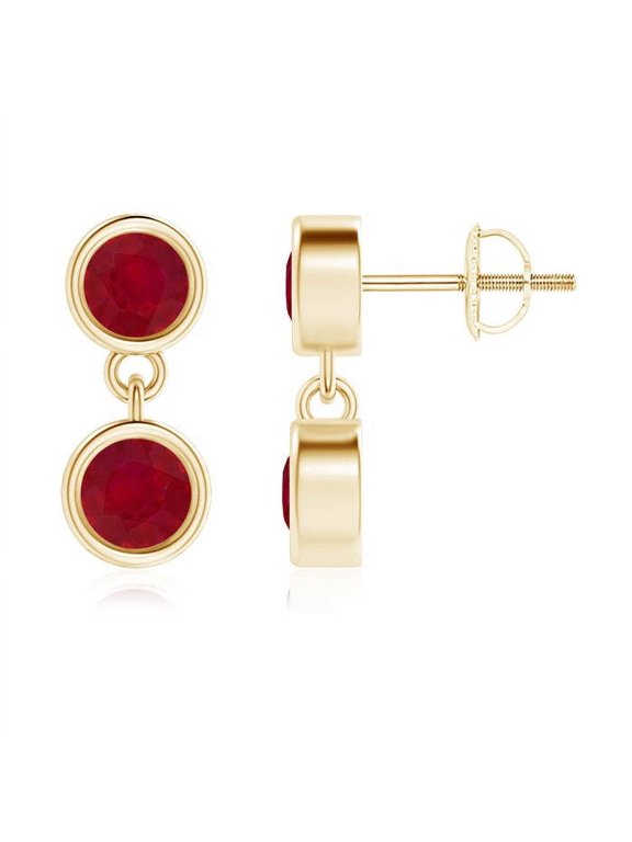 Natural Dangling Two Stone Ruby Earrings in 14K Yellow Gold for Women (Size-3.8mm) | July Birthstone, Birthday, Anniversary, Jewelry Gift for Women | Natural Ruby Earrings