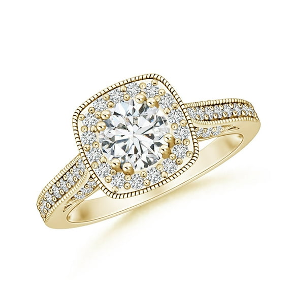 ANGARA Natural Diamond Cushion Halo Ring with Milgrain in 14K Yellow Gold for Women (Size-5.5mm| Color-H| Clarity-SI2) | April Birthstone, Anniversary, Jewelry Gift for Women | Natural Diamond Ring