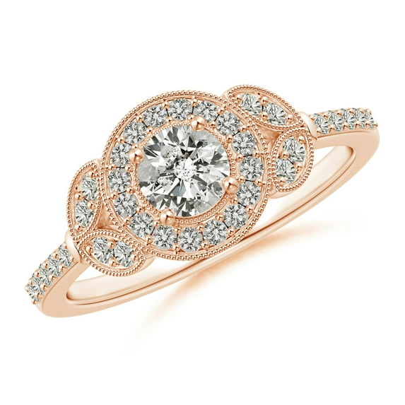 ANGARA Natural Diamond Halo Leaf Shank Engagement Ring in 14K Rose Gold for Women (Size-4.5mm| Color-K| Clarity-I3) | April Birthstone, Anniversary, Jewelry Gift for Women | Natural Diamond Ring