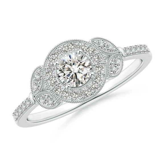 ANGARA Natural Diamond Halo Leaf Shank Engagement Ring in 14K White Gold for Women (Size-4.2mm| Color-I-J| Clarity-I1-I2) | April Birthstone, Anniversary Jewelry Gift for Women | Natural Diamond Ring