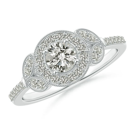 ANGARA Natural Diamond Halo Leaf Shank Engagement Ring in 14K White Gold for Women (Size-4.5mm| Color-K| Clarity-I3) | April Birthstone, Anniversary, Jewelry Gift for Women | Natural Diamond Ring