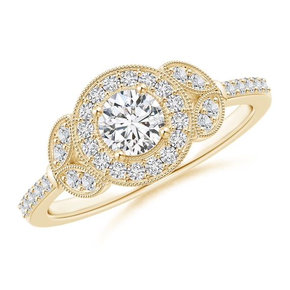 ANGARA Natural Diamond Halo Leaf Shank Engagement Ring in 14K Yellow Gold for Women (Size-4.5mm| Color-H| Clarity-SI2) | April Birthstone, Anniversary, Jewelry Gift for Women | Natural Diamond Ring