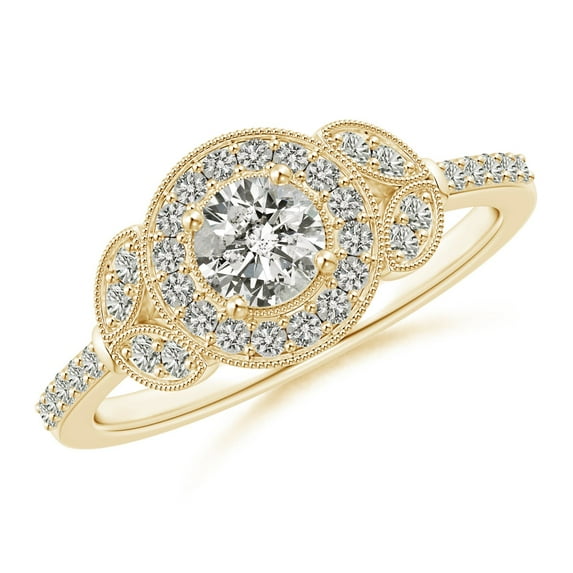 ANGARA Natural Diamond Halo Leaf Shank Engagement Ring in 14K Yellow Gold for Women (Size-4.5mm| Color-K| Clarity-I3) | April Birthstone, Anniversary, Jewelry Gift for Women | Natural Diamond Ring