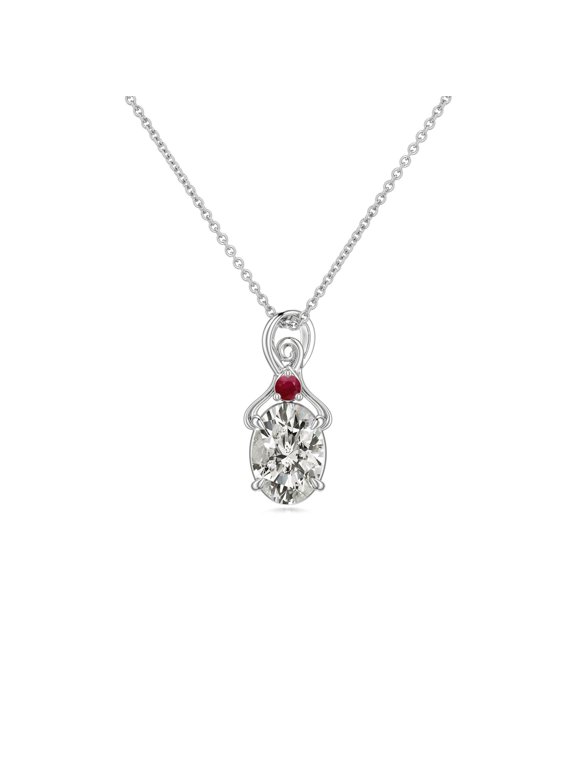 Natural Diamond Necklace for Women in 14K White Gold - Oval Diamond Swirl Pendant Necklace with Ruby Accent, April Birthstone Jewelry