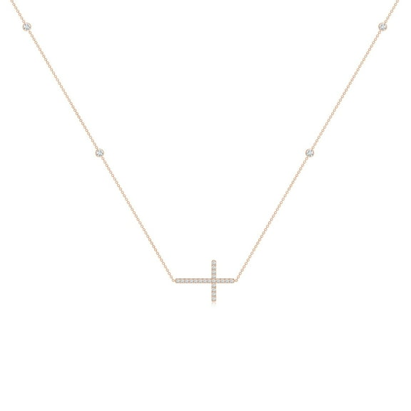 ANGARA Natural Diamond Sideways Cross Station Necklace in 14K Rose Gold for Women (Size-2mm| Color-G| Clarity-VS2) | April Birthstone, Anniversary, Jewelry Gift for Women | Natural Diamond Necklace