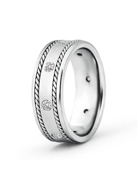 Natural Diamond Wedding Ring for Men - Rope Edged Gypsy Set Men's Diamond Ring in 14K White Gold | Ring Size - 5