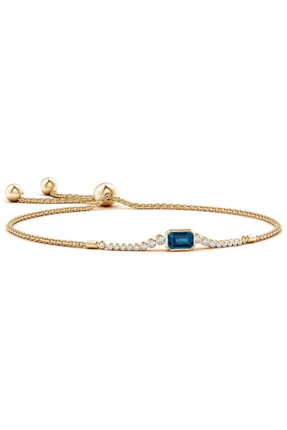 Natural East West London Blue Topaz Bolo Bracelet in 14K Yellow Gold for Women (Size-6x4mm) | November Birthstone, Anniversary, Jewelry Gift for Women | Natural London Blue Topaz Bracelet