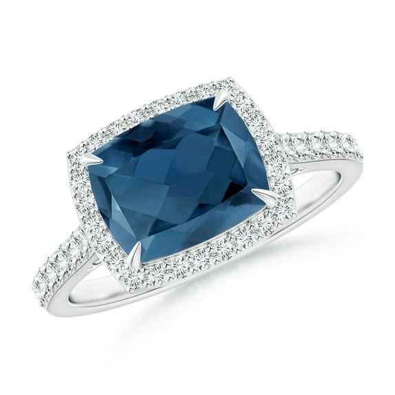 ANGARA Natural East-West Cushion 2.2 ct London Blue Topaz Cocktail Halo Ring in 14K White Gold for Women (Size-9x7mm) | November Birthstone Jewelry for Women | London Blue Topaz Ring (Ring Size - 6.5)