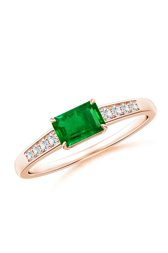 Natural East West Emerald-Cut Emerald Solitaire Ring with Diamond Accents in 14K Rose Gold for Women (Size-6x4mm) | May Birthstone, Anniversary, Jewelry Gift for Women | Natural Emerald Ring