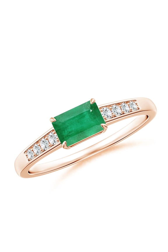 Natural East West Emerald-Cut Emerald Solitaire Ring with Diamond Accents in 14K Rose Gold for Women (Size-6x4mm) | May Birthstone, Anniversary, Jewelry Gift for Women | Natural Emerald Ring