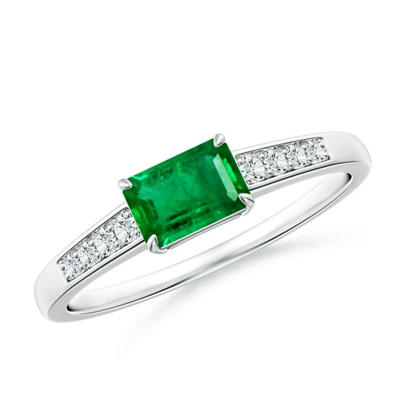 ANGARA Natural East West Emerald-Cut Emerald Solitaire Ring with Diamond Accents in 14K White Gold for Women (Size-6x4mm) | May Birthstone, Anniversary, Jewelry Gift for Women | Natural Emerald Ring
