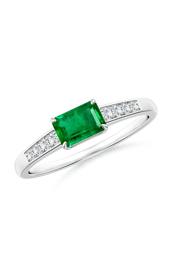 Natural East West Emerald-Cut Emerald Solitaire Ring with Diamond Accents in Platinum for Women (Size-6x4mm) | May Birthstone, Anniversary, Jewelry Gift for Women | Natural Emerald Ring